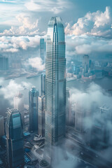 Modern skyscraper construction in a bustling city, illustration - obrazy, fototapety, plakaty