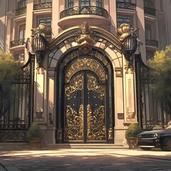Experience the grandeur of a stately art deco mansion entrance, boasting ornate architectural features that evoke an air of luxury and opulence.