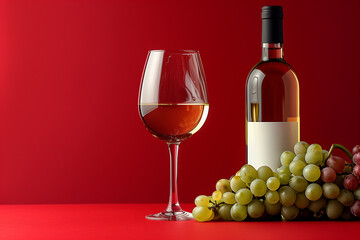 Fototapeta premium Bottle and glass of red wine, grape, on a red background. Copy space