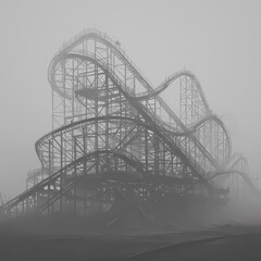Abandoned Amusement Park: Rusted Steel Roller Coaster in Misty Fog