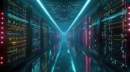 A sprawling data center illuminated by rows of blinking lights and humming servers, the heart of a vast digital ecosystem powering the modern world  - obrazy, fototapety, plakaty
