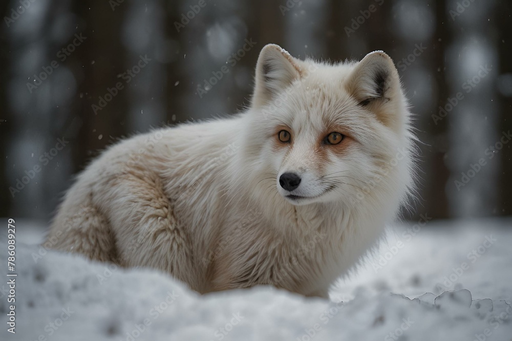 Sticker AI generated illustration of a fox sitting on snow, gazes into camera