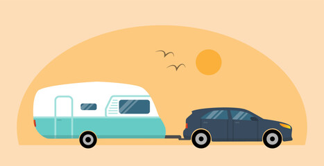 Fototapeta na wymiar Car pulling camper trailer, caravan lifestyle.
