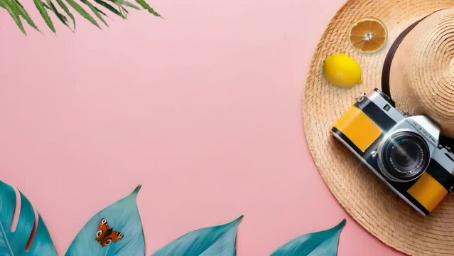 Camera with straw hat, palm leaves and orange on pink background