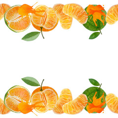 Green orange tangerine and color splash watercolor seamless horizontal border isolated on white, hand drawn for food design. Great for packages, cards, posters, cafe menu, organic food ads, textile