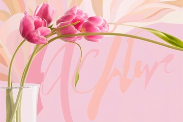 Big pink tulips with stems. Frame. March 8, International Women's, Mother's Day, birthday, spring