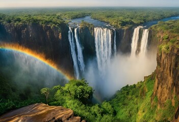 AI generated illustration of Rainbow near waterfall under sky