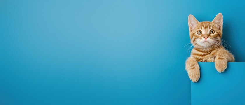 A curious kitten peeks over a blue edge, eyes wide in expectation, giving a playful and cute vibe perfect for various projects