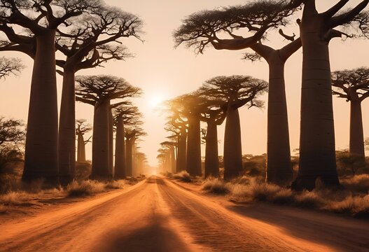 sun is setting behind the silhouette of four baoba trees