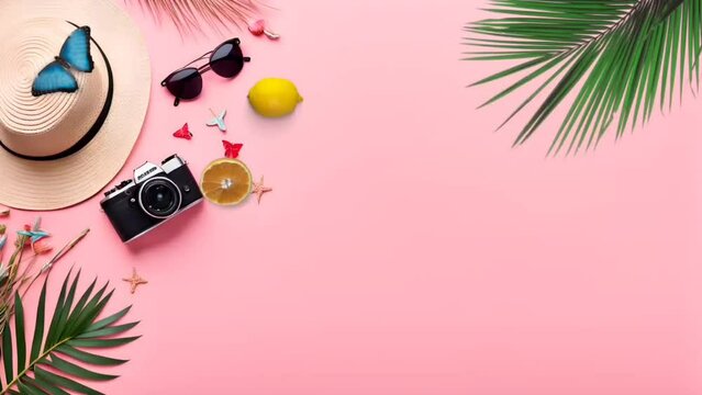 Tourist accessories on pink background, summer vacation concept