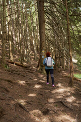 Obraz premium Hiker lady with backpack alone on the trail