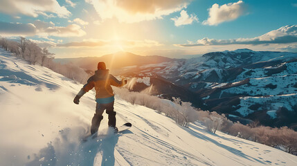 snowboarding at a beautiful mountain ski resort - obrazy, fototapety, plakaty