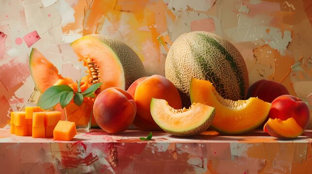 different fruits and vegetables sitting on a table in front of a colorful painted background