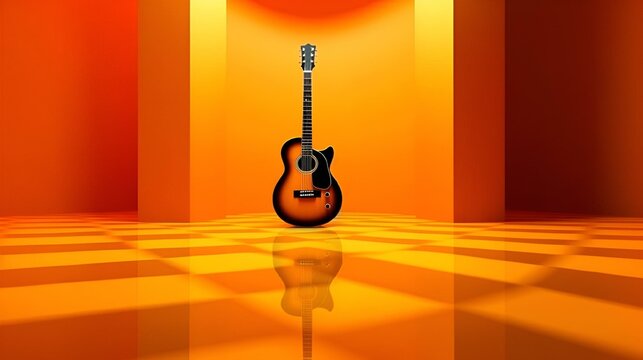 an acoustic guitar sitting in a yellow room with spotlights