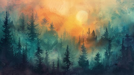 a painting with trees and sun in the background and watercolor overlaying - obrazy, fototapety, plakaty
