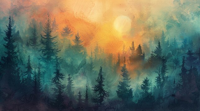 a painting with trees and sun in the background and watercolor overlaying