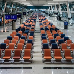 Obraz premium Empty ogange and blue seats in airport