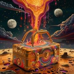 Stock portfolio bursting out of a golden briefcase, reaching for the moon - obrazy, fototapety, plakaty
