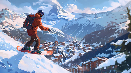 snowboarding at a beautiful mountain ski resort - obrazy, fototapety, plakaty
