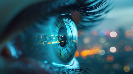 A smart contact lens being developed in a lab at twilight visible through the window