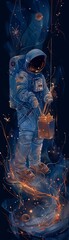 Astronaut on a spacewalk holding a briefcase full of gold bars, highrisk highreward investments