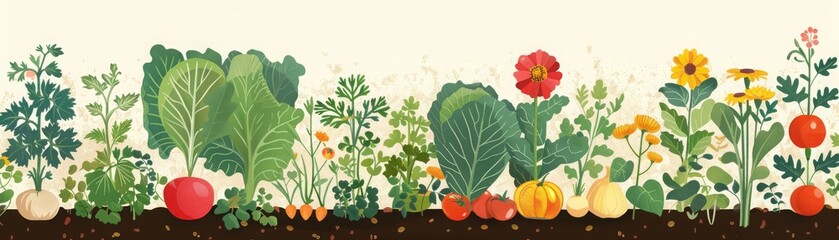 A colorful and detailed illustration showcasing a variety of vegetables and wildflowers thriving together in a bountiful garden setting.