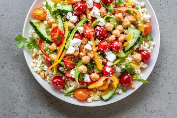 Healthy low carb salad with cauliflower rice, fresh vegetables, feta cheese and chickpeas