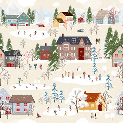 Winter Pattern,Christmas background,Winter wonderland landscape city with pine tree,cute house,people playing ice skate,Vector design Family celebration in village on New Year Eve,Xmas Holiday 2025
