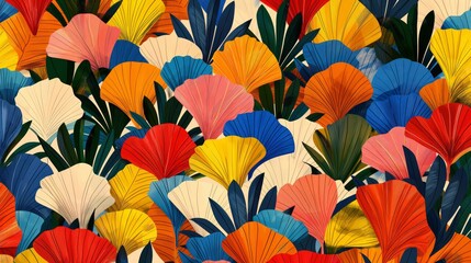Fototapeta na wymiar Seamless pattern of large, colorful fan-shaped leaves ideal for backgrounds or textile design