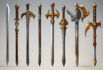 AI generated illustration of A collection of unique swords in various colors, styles, and shapes
