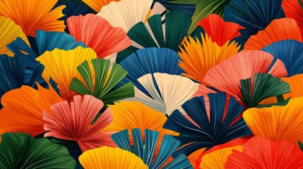 Captivating fan-shaped leaves in a bold tropical palette create vibrant backgrounds