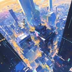 Twilight cityscape with vibrant lights and tall buildings reflecting on the sky's surface. - obrazy, fototapety, plakaty