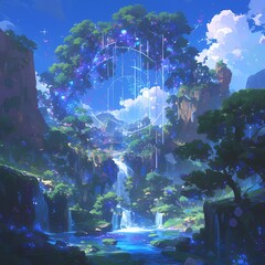 Mystical Scenery: A Serenely Beautiful World of Colorful Plants, Magical Spheres, and a Bewitching Falls