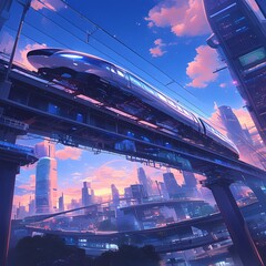 Future Metropolis: High-Speed Train Races Through Skyline at Sunset