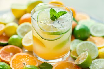 Fototapeta premium Refreshing summer citrus cocktail with lemon and lime