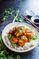 Sweet and sour chicken with rice and green onions