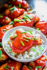 Sweet and sour chicken with rice and green onions