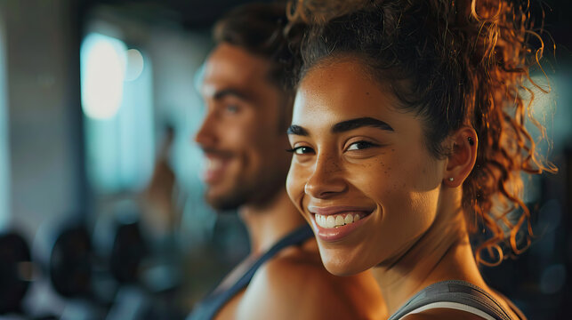 Portrait photography, candid natural shot, happy couple working out in gym. Bright, interior lighting, shadow play, fitness, weight lifting, athletic, self improvement, relationship goals, isolated
