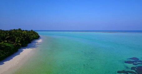 Aerial scenic view of a calm blue seascape and a coast with lush nature on a sunny day in Indonesia