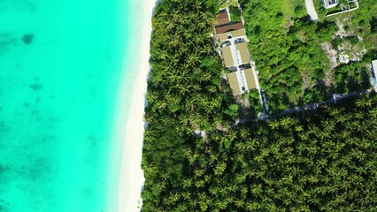 Aerial top view of a blue transparent seascape, sandy beach, and, coast with tropical trees
