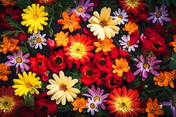 Texture of live mixed field multicolored blooming flowers for background, wallpaper. AI generated.