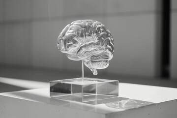 Minimalist image of a transparent brain model placed on a sleek surface, inviting viewers to contemplate the mysteries of the mind against a serene backdrop.