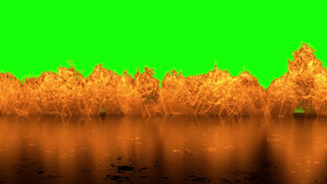 flame wall on green background. 3d animation of a wall of fire on a green background. wall of fire reflecting on the ground. fire on damaged ground