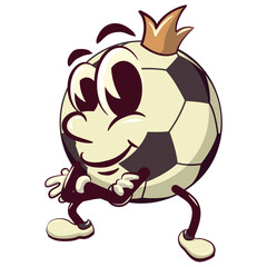 football soccer ball cartoon vector isolated clip art illustration mascot with a king's crown folding his arms calmly, vector work of hand drawn