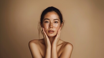 AI generated illustration of an Asian woman with frechled skin on a brown background - obrazy, fototapety, plakaty