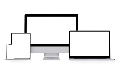 Laptop, Smartphone, Tablet and Monitor mockup isolated with transparent screen and shadows png 