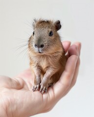 Surrealistic depiction of a miniature baby Capybara on a human hand, set against a pure white backdrop