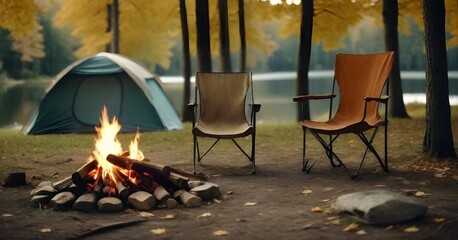 Beautiful bonfire with burning firewood near chairs and camping tent in forest. Campfire by a chairs and a tent - obrazy, fototapety, plakaty