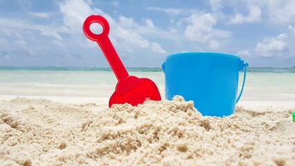 Fototapeta na wymiar Closeup of a shovel and bucket at a beach on a summer sunny day