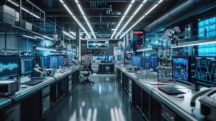 A state-of-the-art laboratory bustling with activity, with rows of advanced equipment and monitors...
